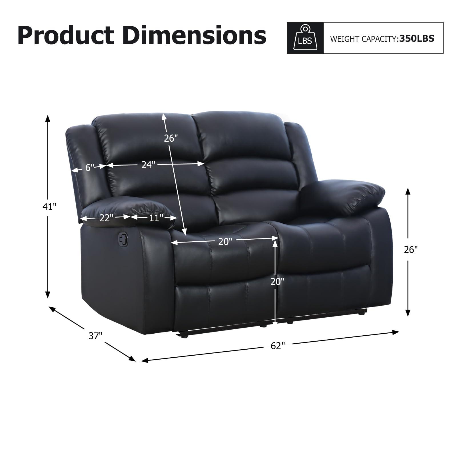 EBELLO Manual Loveseat Recliner Sofa, Faux Leather Reclining Couch with Overstuffed Arms and Back, Double Seat Recliner Couch for Living Room, Meeting Room, Black view 2