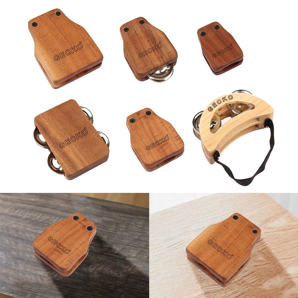 Juego de accesorios de cajón para tambor de caja Gecko, kit de percusión de 6 piezas con correa de pandereta de pie, cascabeles de cascabel, castañuelas, instrumentos de mano de madera para ritmo