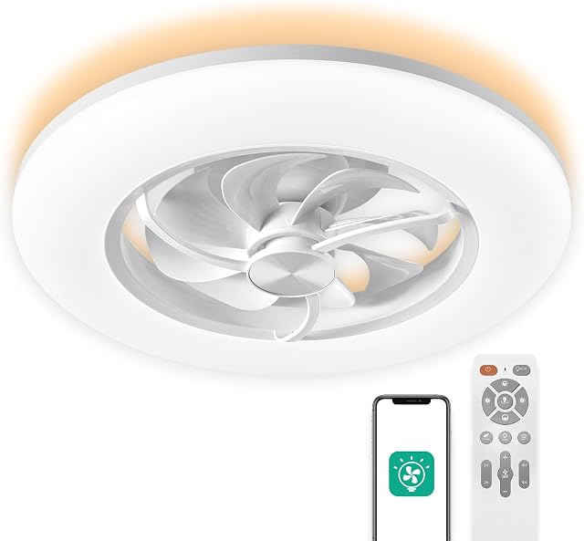 CHANFOK Low Profile Ceiling Fan with Light - Modern Flush Mount Enclosed Ceiling Fan 22" LED Dimmable Bladeless Ceiling Fans with Remote Control,Smart 3 Light Color and 6 speeds 8 Blades