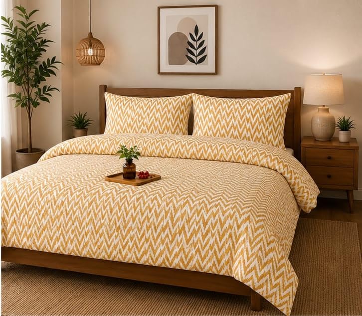 Image of 210 TC Glace Cotton Soft Cotton Zig Zag Design Fitted King Size 72x78x10 inches Bedsheet Set - Lightweight & Durable 1 Bed Sheet with 2 Pillowcase 17x27 inches Yellow