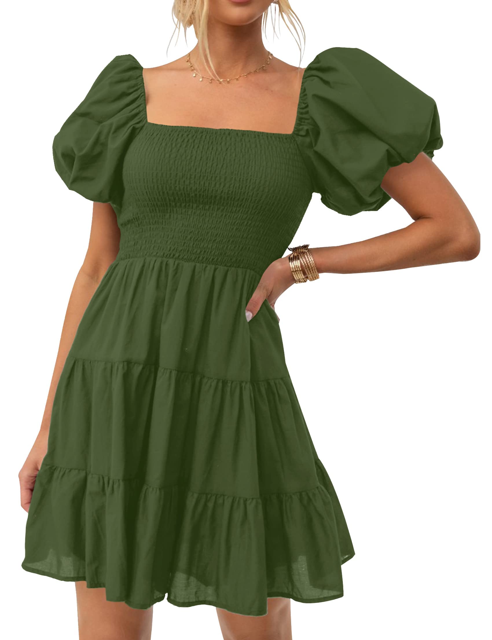 ZESICA Women's Boho 2026 Summer Square Neck Puff Sleeve Off Shoulder Smocked Tiered Casual A Line Short Mini Dress