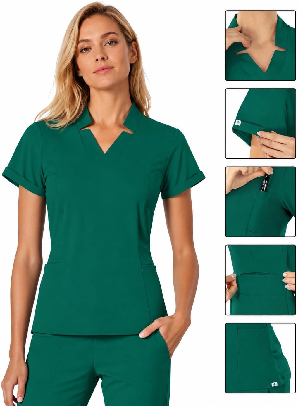 Women's Scrub Set, V-Neck Top & Straight Pants, 9 Pockets