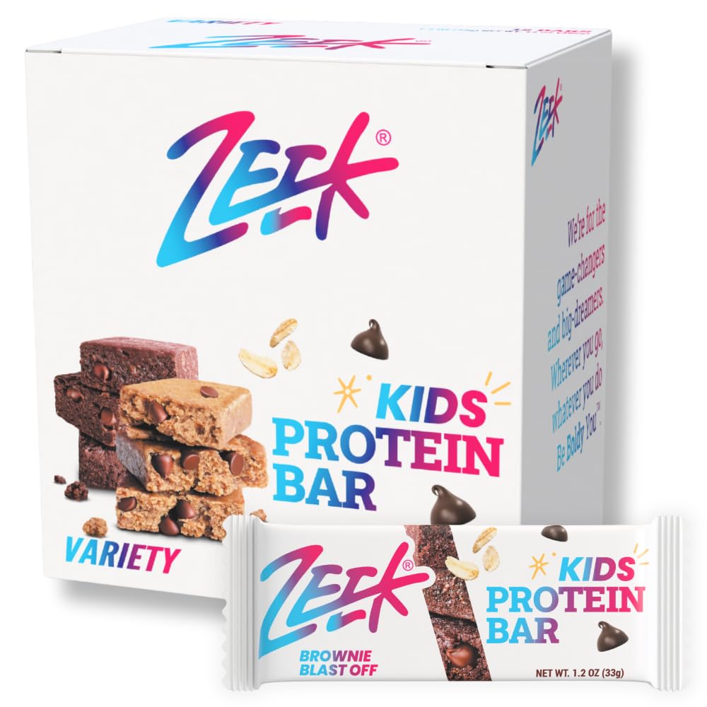 ZEEK BAR - Kids Protein Bars - 50% Less Sugar, 8g Protein - All Natural, Non-GMO, Gluten Free - Variety, 12 Count