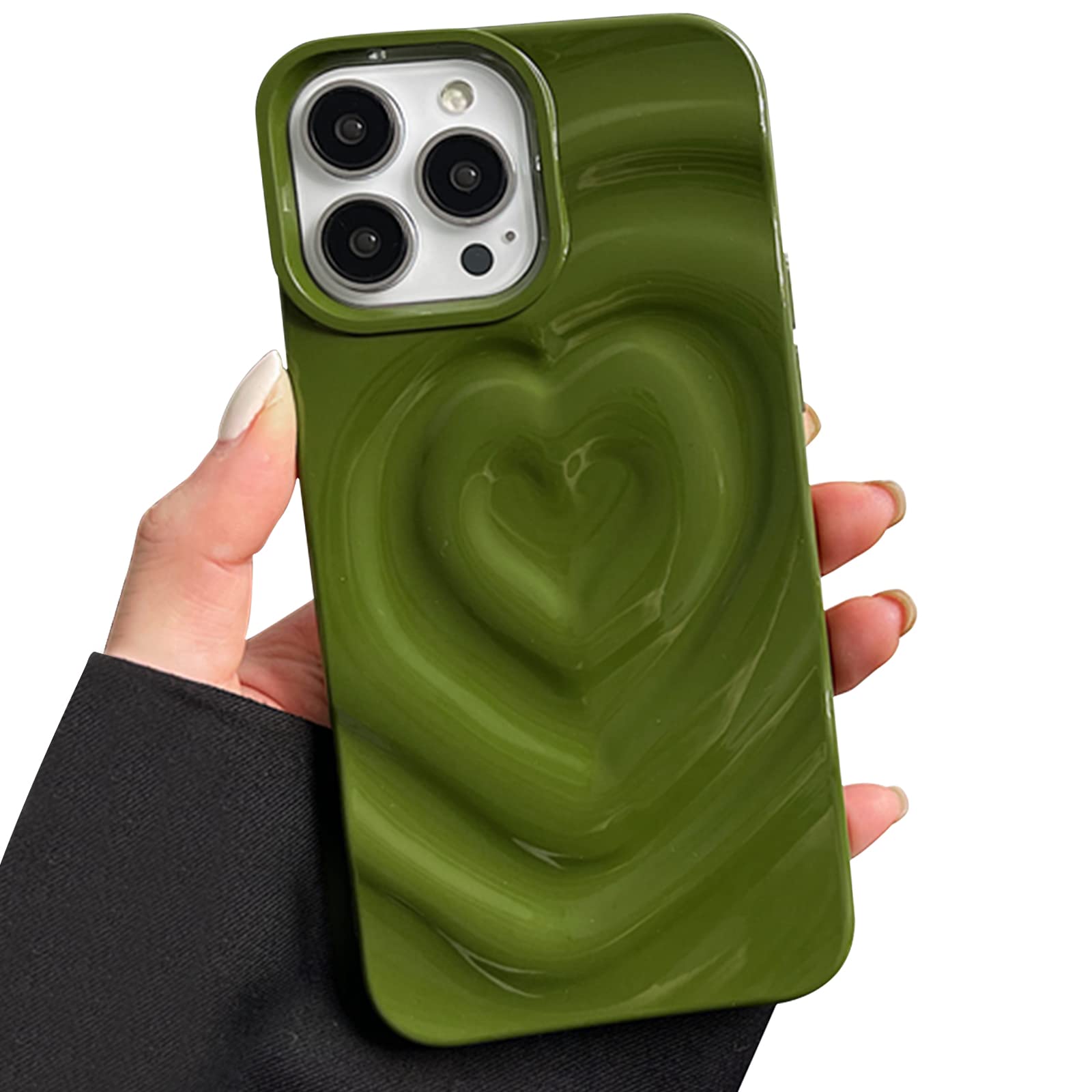 NITITOPCompatible for iPhone 16 Pro Max Case Cute Love Heart Fashion Soft Silicone 3D Heart Water Ripple Shockproof Women Girls Case Cover - Green
