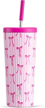 Meoky 24 oz Insulated Tumbler with Lid and Straw, Stainless Steel Vacuum Insulated Tumbler, Keeps Cold for 24 Hours, 100% Leak Proof, Fits in Car Cup Holder Bow