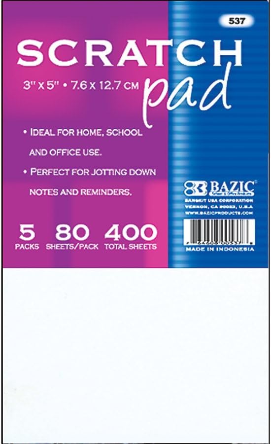 Bazic Memo/Scratch Pad, 3 x 5 Inches, 80 Sheets, 5 per