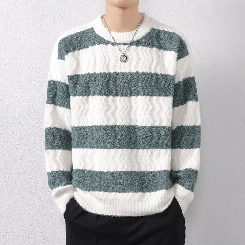 Autumn Winter Men's Striped Knitted Sweater O-Neck Loose Casual Knit Pullovers Men Warm Streetwear Pullover2