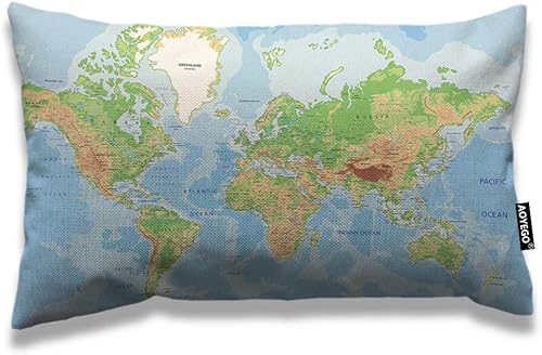 AOYEGO Funda de almohada rectangular de 12 x 20 pulgadas, mapa geográfico del mundo, océano, montaña, América, Europa, Asia y África, fundas de
