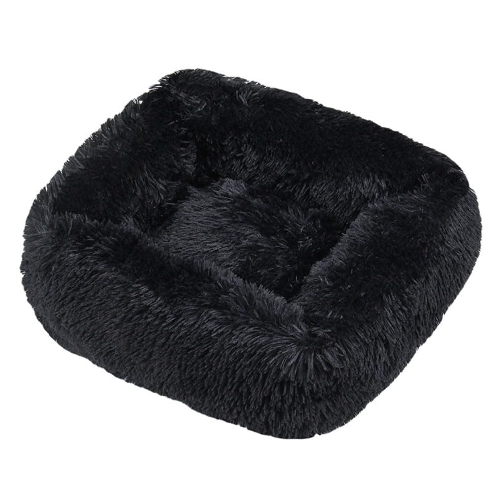 Hiseng Soft Fluffy Dog Bed, Simple Solid Color Self-Warming Cat Bed Washable Square Dog Beds Medium, Plush Anti-Slip Bottom Donut Cat Beds for Indoor Cats (M 66x55cm,Black)