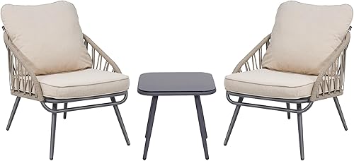 Miniatura 2 de Juego de 3 piezas de muebles de patio bistró, juego de muebles de balcón, sillas de cuerda tejida con cojines y mesa auxiliar, juego de 2 para