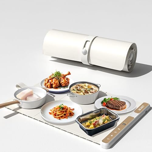 Miniatura 8 de Tapete de calentamiento de alimentos, bandeja de calentamiento eléctrica con 3 zonas, temperatura individual, ajustable, plegable, calentador de