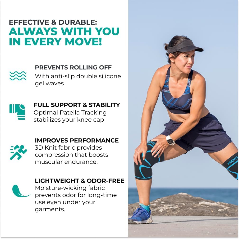 Modvel Knee Braces for Women & Men – 2 Pack Knee Support Set, Knee Compression Sleeve, Support for Meniscus Tear, ACL & Arthritis Relief, Blue L