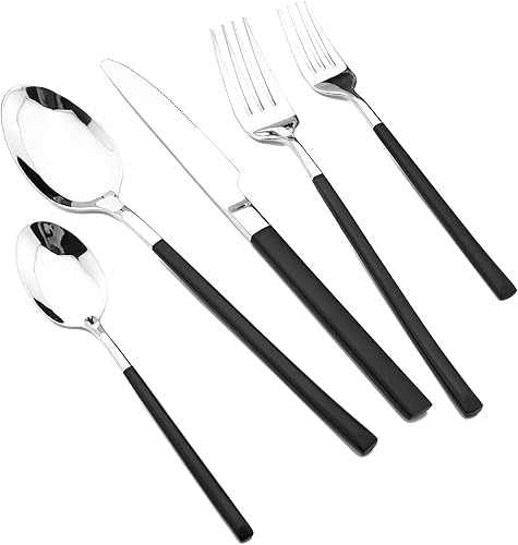 JASHII Juego de cubiertos de 20 piezas de cubiertos negros y plateados, juego de cubiertos cuadrados de acero inoxidable 1810 para 4, utensilios de