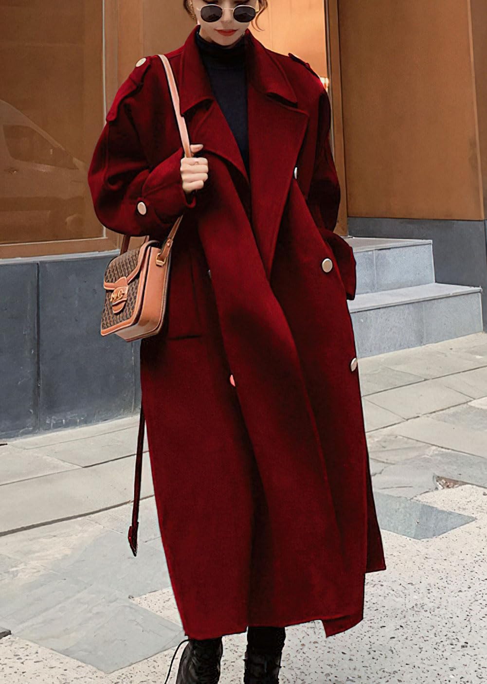 chouyatou Women's Winter Double Breasted Midi Long Wool Pea Coat Notch Lapel Winter Trench Coat: Large Red