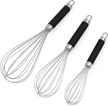 3-Piece Silver Stainless Steel Balloon Whisk Set - Handheld Whisks with Sturdy Black Handles & Hanging Loops, Perfect for Frothing, Baking & Dough Mixing 8", 10", 12".