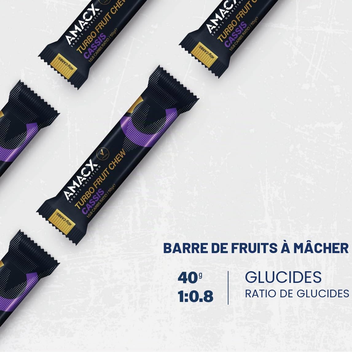 AMACX Turbo Barre Energetique Sport Fruit Chew – Paquet de 12 – Pate de Fruit Sport avec Electrolyte – Healthy Snacks Vegan – Sans Gluten – 123kcal – Ratio Glucides 2:1 – Nutrition Sportive – Cassis