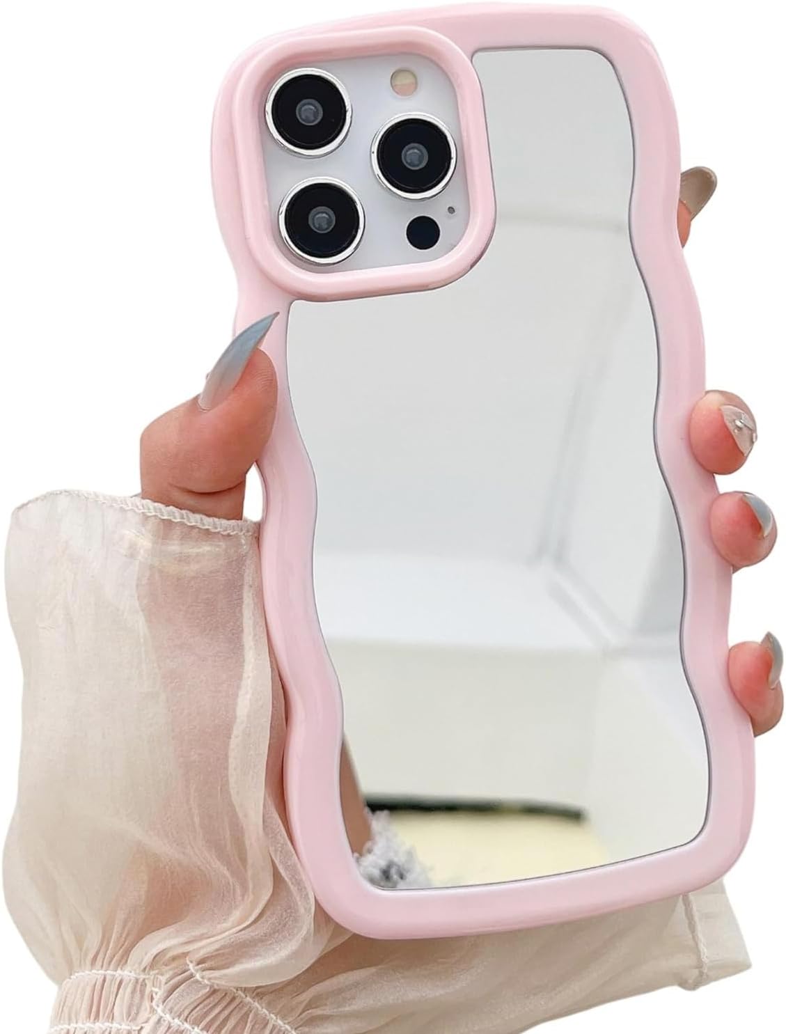 T Tersely Wave Frame Mirror Case for iPhone 16 Pro Max 6.9-inch Mirror for Girls Women Makeup Soft Wrapped Edge Drop-proof Cute Phone Case (Pink)