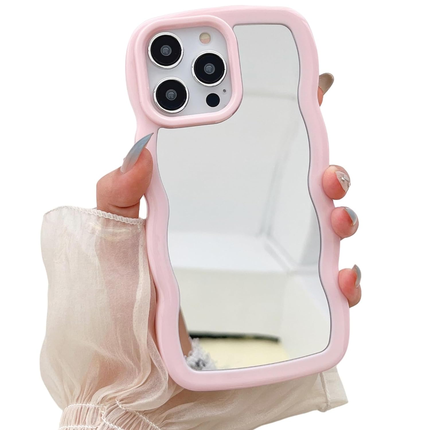 T Tersely Wave Frame Mirror Case for iPhone 16 Pro Max 6.9-inch Mirror for Girls Women Makeup Soft Wrapped Edge Drop-proof Cute Phone Case (Pink)