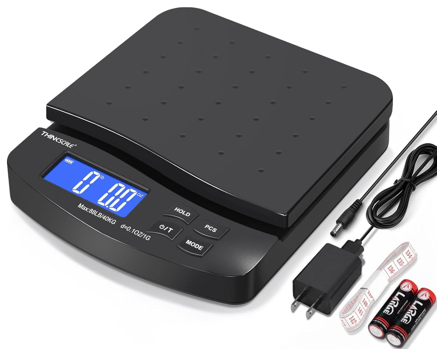 THINKSCALE 88lb Digital Shipping Scale, 0.1oz Accurate Postal Scale | Large Display, Hold/Tare, 5 Units, Auto-Off, Battery & AC Adapter Included, Scale for Packages, Mailing and Small Business Black 88lb