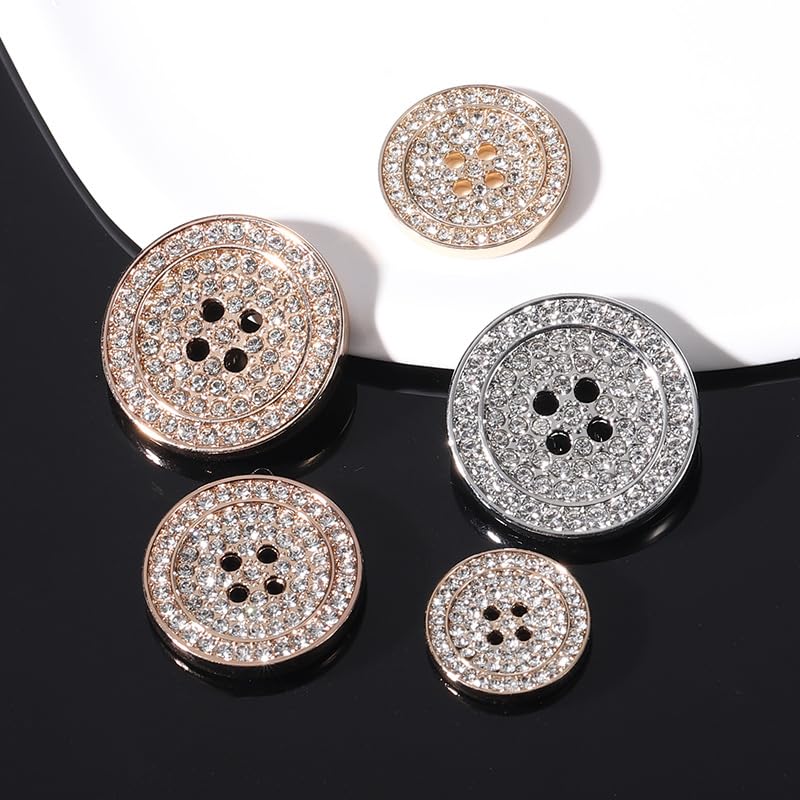 Guziki w stylu vintage Guzik 10 szt. Guzików wysadzanych diamentami 15/20/25 mm Metalowe guziki z 4 dziurkami Modne guziki dekoracyjne Guziki(Gold,15mm)