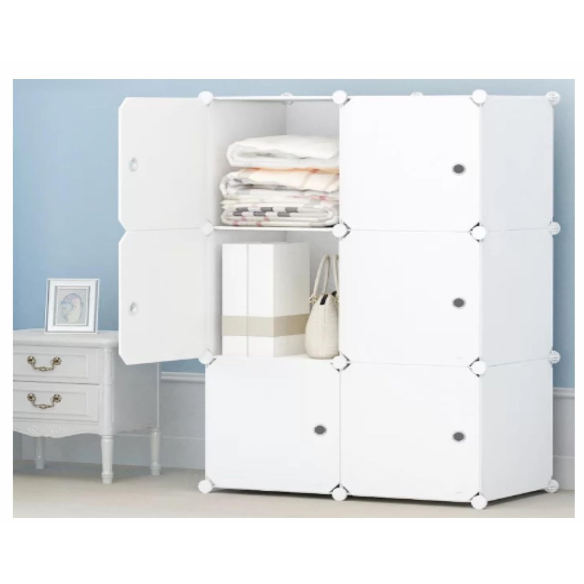 Generico Modułowa szafa modułowa, 6 przegródek, biała z drzwiami, modułowa 3 x 2, 111 x 37 x 75 cm, wielofunkcyjna, oszczędność miejsca do pokoju, salonu, garażu