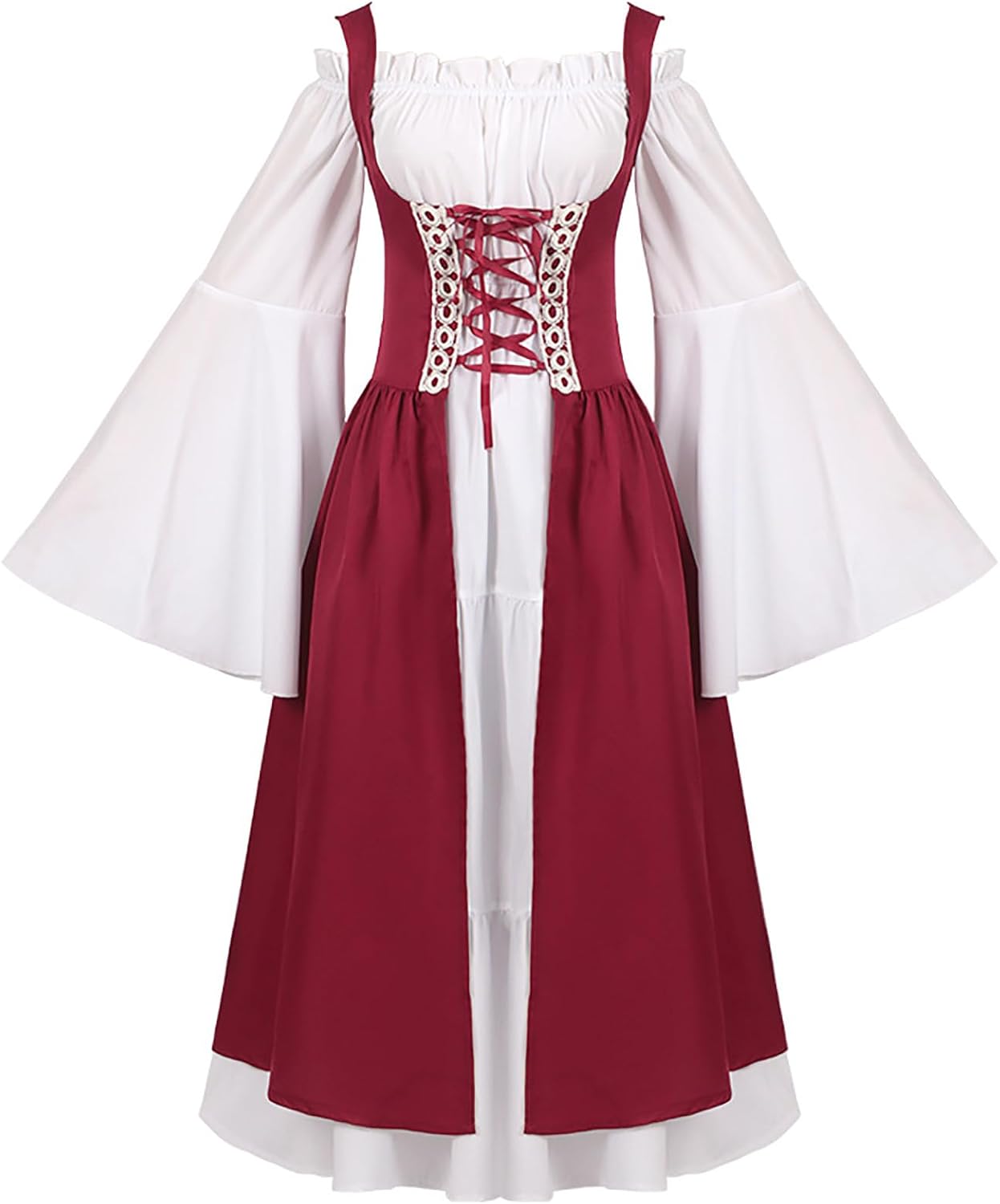 Womens Medieval Over Dress Retro Off Shoulder Renaissance Corset Dress Bell Sleeve Peasant Dress Vintage Ball Gown