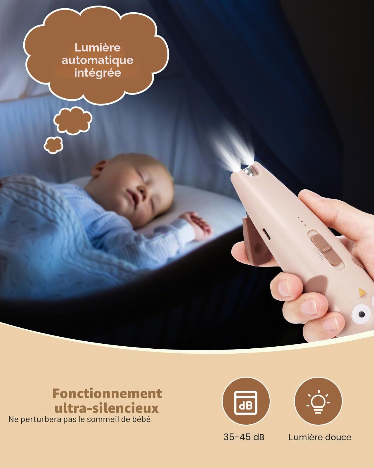 Lictin Lime à ongles électrique pour bébé, Lime à ongles rechargeable pour bébé, Lime à ongles électrique avec lumière, Lime à ongles pour bébé avec 10 têtes de meule de rechange, Khaki