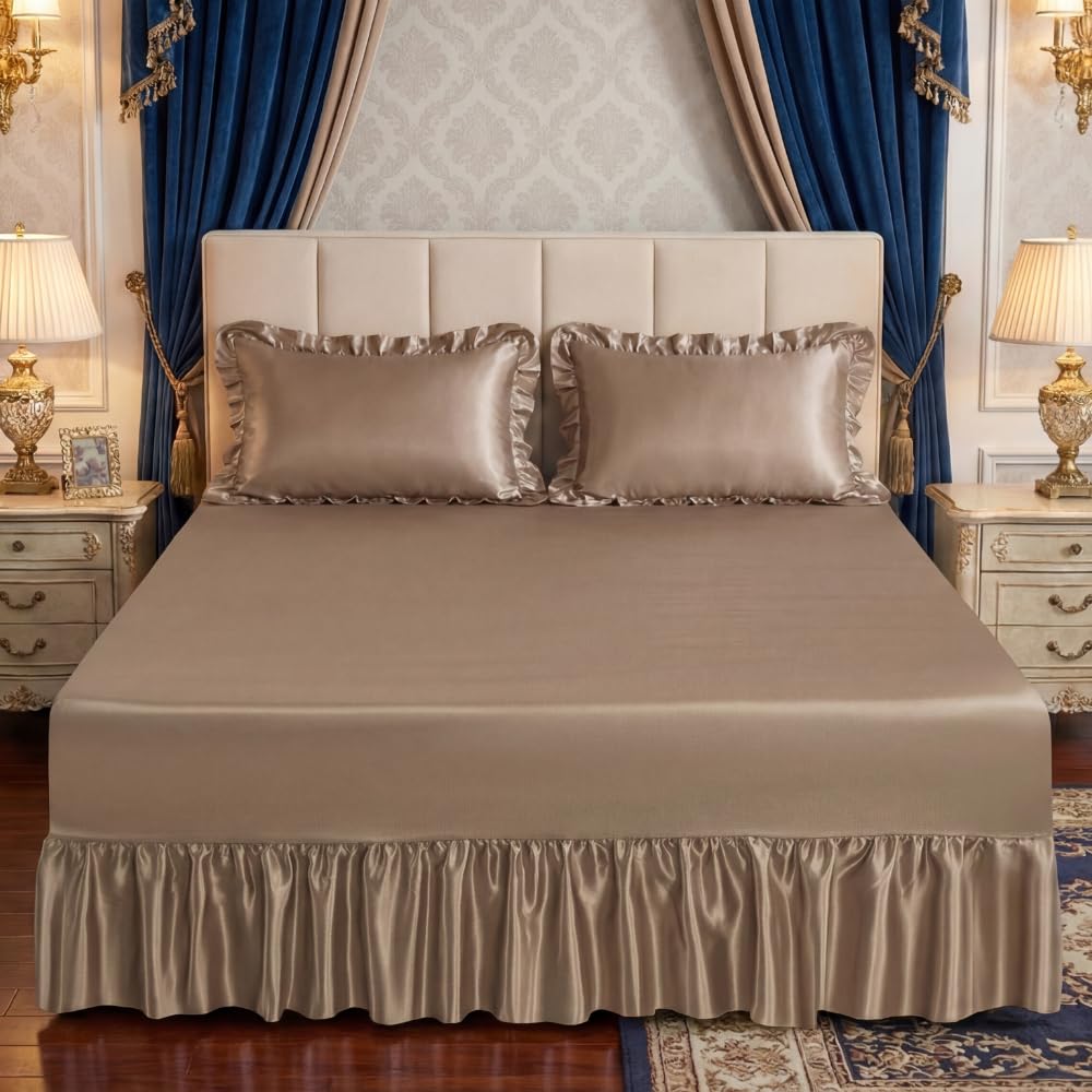 Luxury Satin Silk Valance Sheet 30cm Deep Fitted with 35cm Frill | Smooth Gloss Finish | Single Double King Super King (MINK, SINGLE)