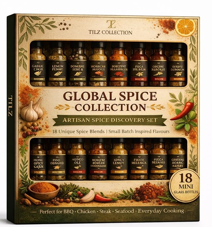 Ultimate Flavour Collection (18 Pack) - Luxury Hot Sauce Gift Set with Gourmet Spices, Infused Oils & Artisan Finishing Salts - 18 Glass Seasoning Jars Rack - Culinary Cooking Gifts Set