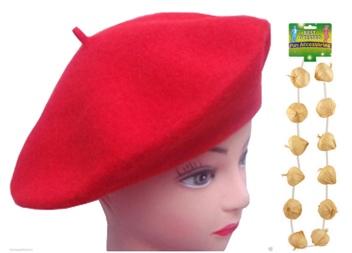 GCC Fashion Store BERET HAT & GARLIC GARLAND NECKLACE FRENCH MAN FANCY DRESS COSTUME SET (RED BERET & GARLIC NECKLACE)