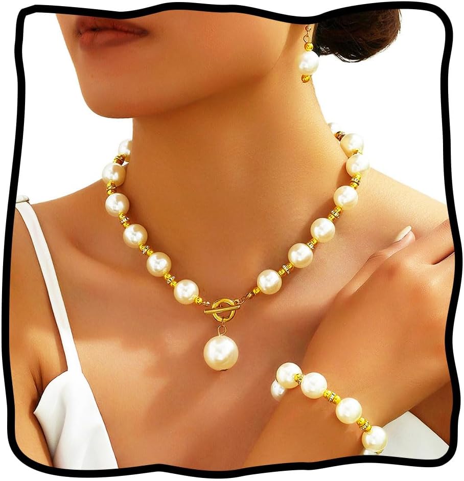 JEAIRTS 3Pcs Pearl Jewelry Set for Women Gold Necklace Earrings Bracelet Party Wedding Accessories