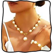 JEAIRTS 3Pcs Pearl Jewelry Set for Women Gold Necklace Earrings Bracelet Party Wedding Accessories