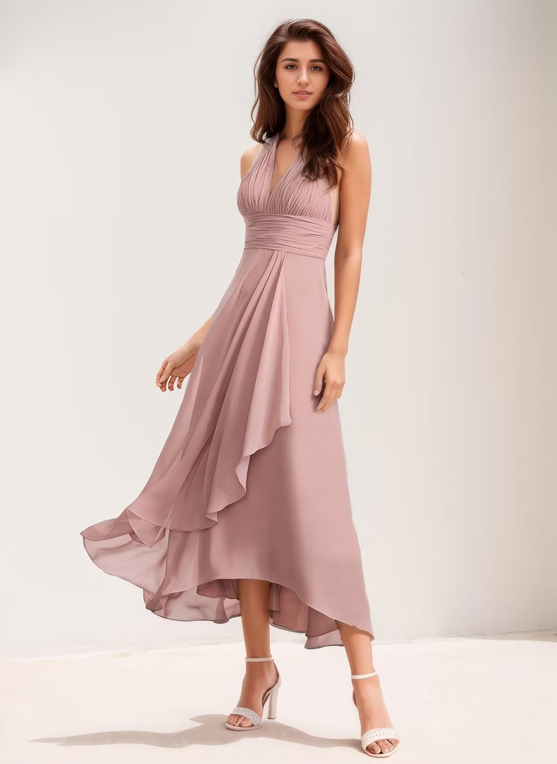 Women's Halter V-Neck Bridesmaid Dresses with Ruffled Edge A Line Ruched Chiffon Formal Evening Gowns Sleeveless
