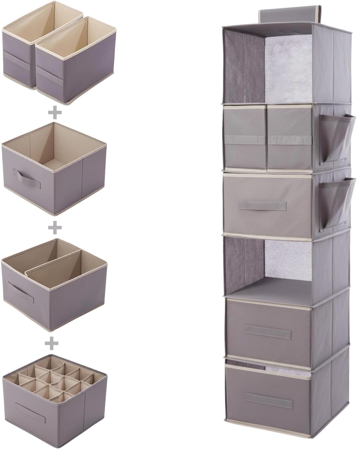 6-Shelf Hanging Closet Organizer with Drawers and Side Pockets – Fabric Wardrobe Storage for Clothes, Socks, and Accessories (Grey)