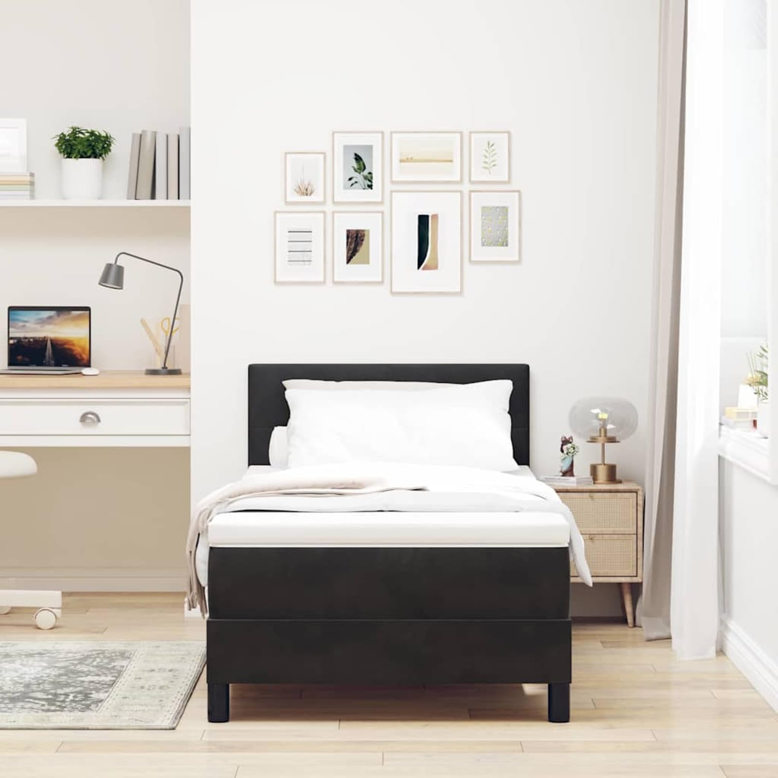 ATOMSTACK MAKER Cama con somier de 90 x 200 cm con iluminación RGB, cabecero ajustable (2 alturas), tapizado en negro aterciopelado, incluye colchón de muelles ensacados y cubrecolchón – Cama
