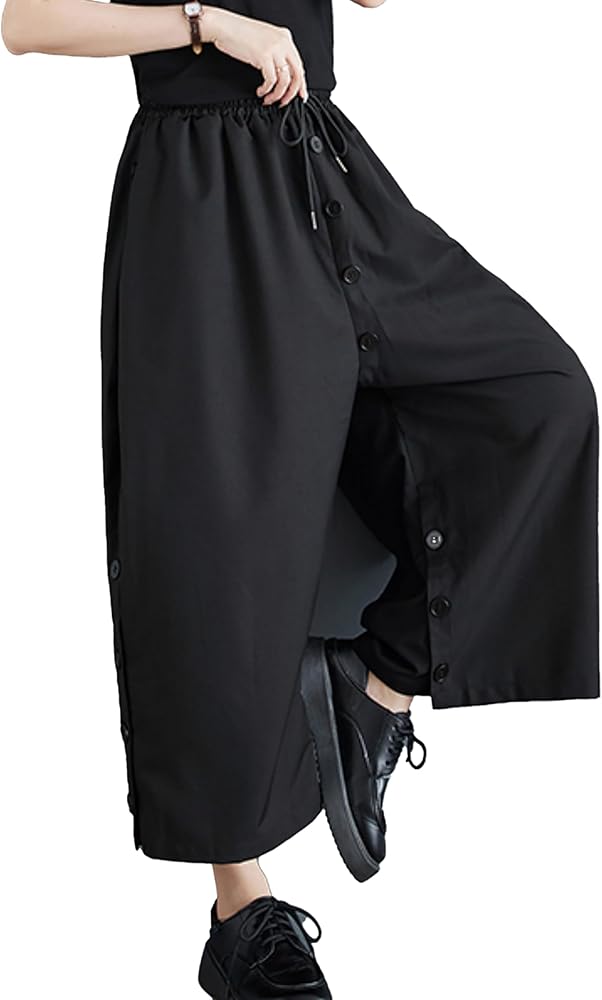 ellazhu Women's Drop Crotch Elastic Waist Button Down Wide Leg