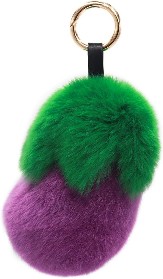 surell Real Rex Rabbit Fur Eggplant Keychain - Cute Plush Vegetable Charm with Soft Pompom - Gardening Gift Accessory