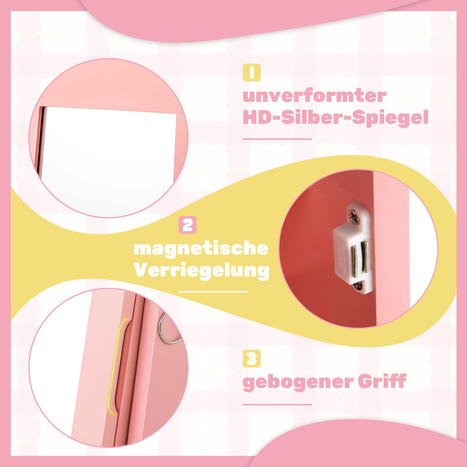 COSTWAY Kinder Schmuckschrank, 3 in 1 Spiegelschrank neigbar mit Ganzkörperspiegel & Aufbewahrungskorb, Schmuck-Organizer in Kronenform für Kinder ab 3 Jahren (Rosa)