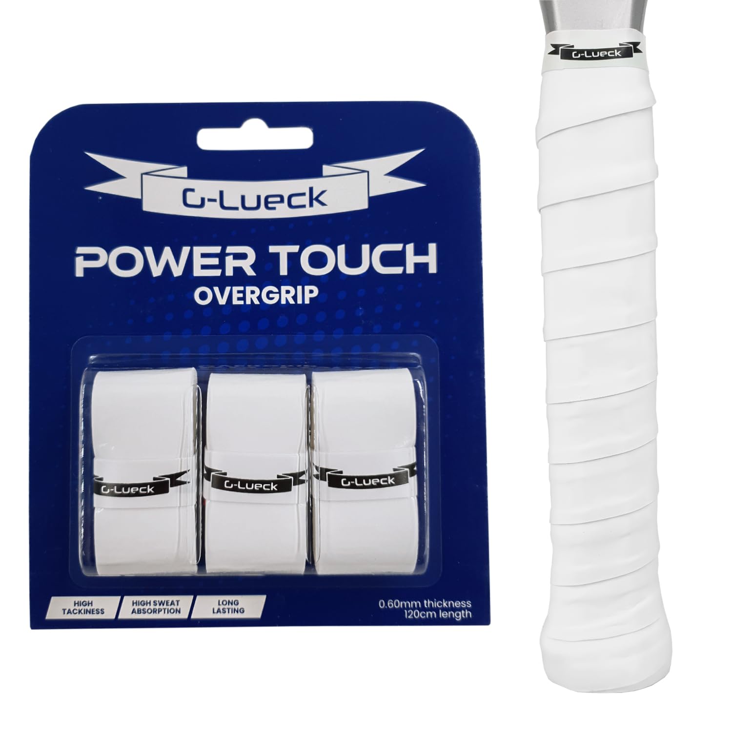 G-Lueck Lot de 3 surgrip Tennis Power Touch Overgrip (très adhérent et Durable) - 0,60 mm d'épaisseur - pour Padel, Badminton, Squash - avec Bande de Finition autocollante - Antidérapantes