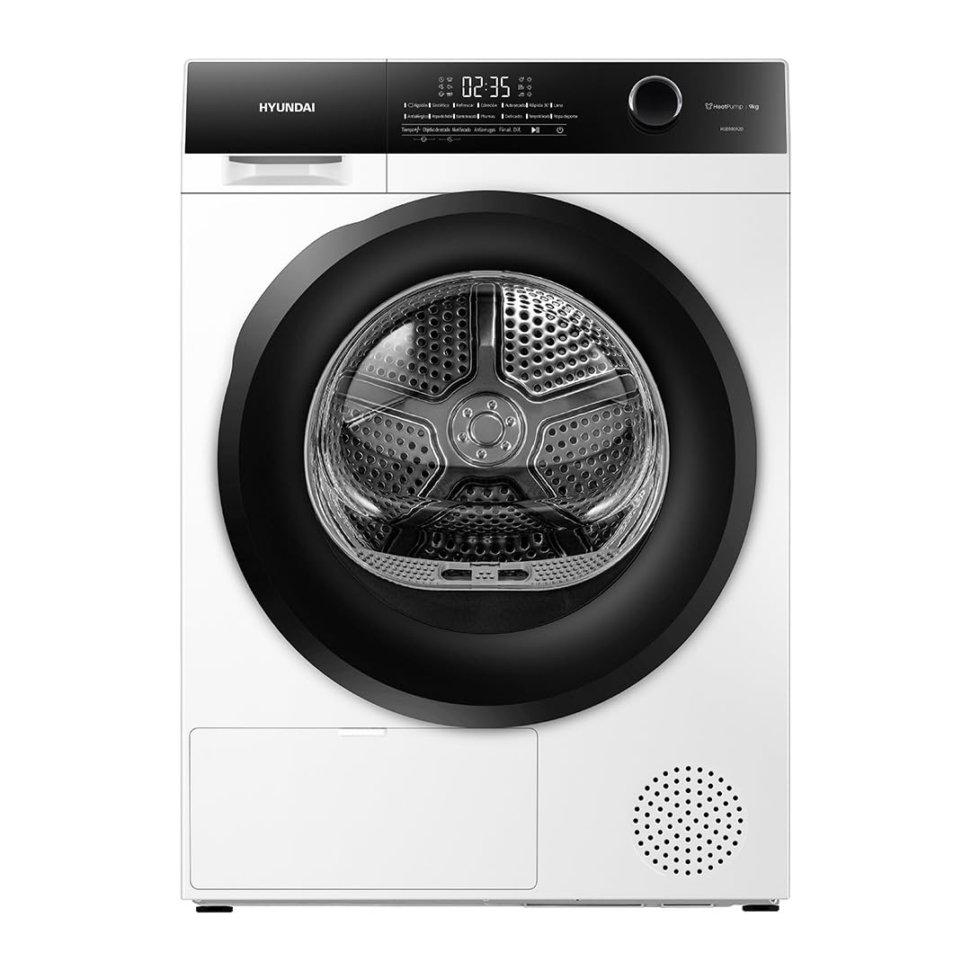 Hyundai Secadora Bomba Calor 9 Kg, Carga Frontal, Blanco, HSB900A2D. 700W, 14 Programas, Función Antiarrugas, Función Antiarrugas, Tambor Waterdrop, Eficiencia Energética Clase A++