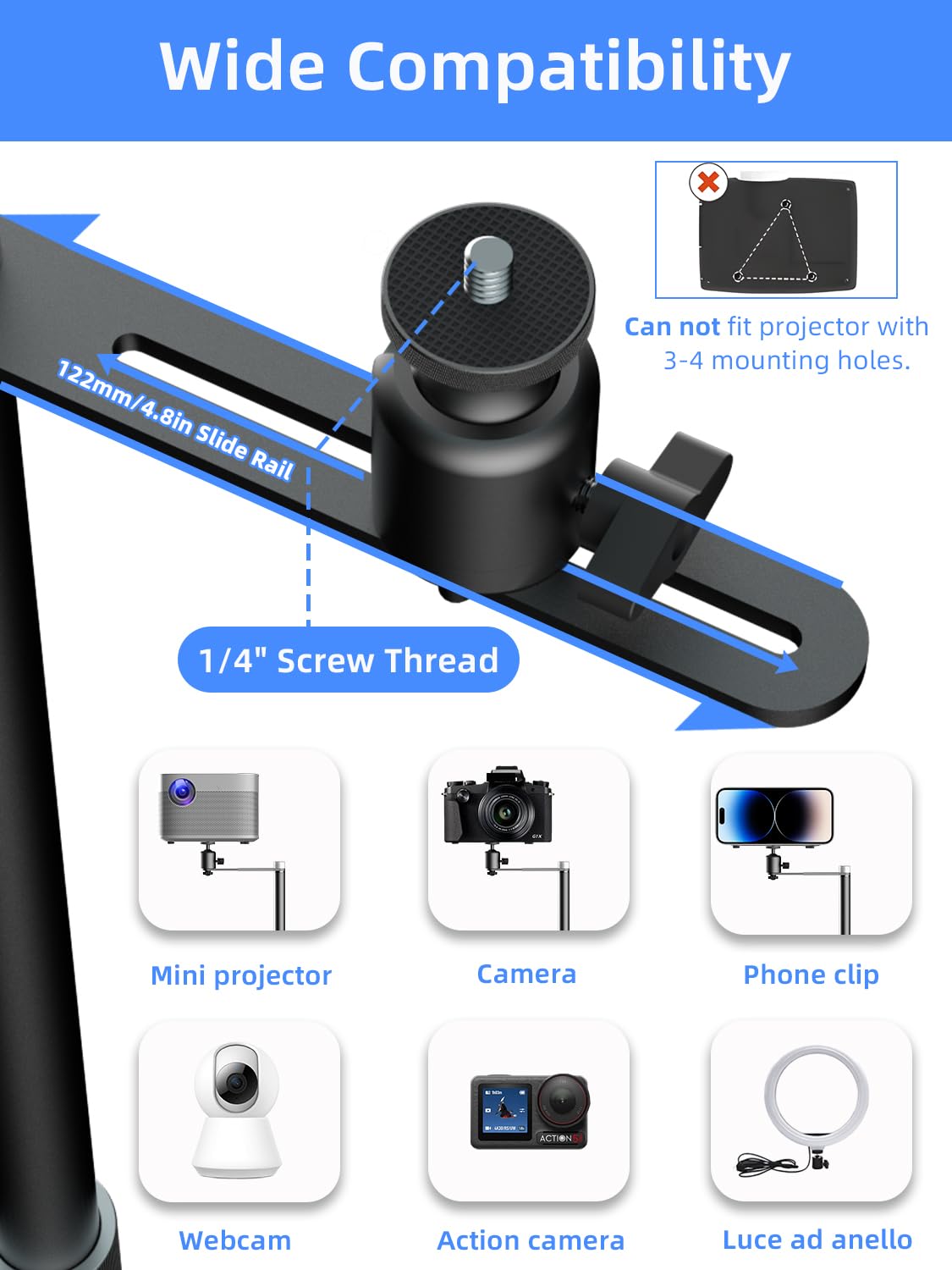 suptek Support au Sol pour vidéoprojecteur Discret derrière canapé, Rotatif 360°, Hauteur réglable, Support de Projecteur Universel pour Bureau et vlog, Grosse rotule améliorée, Noir, PR007FPB