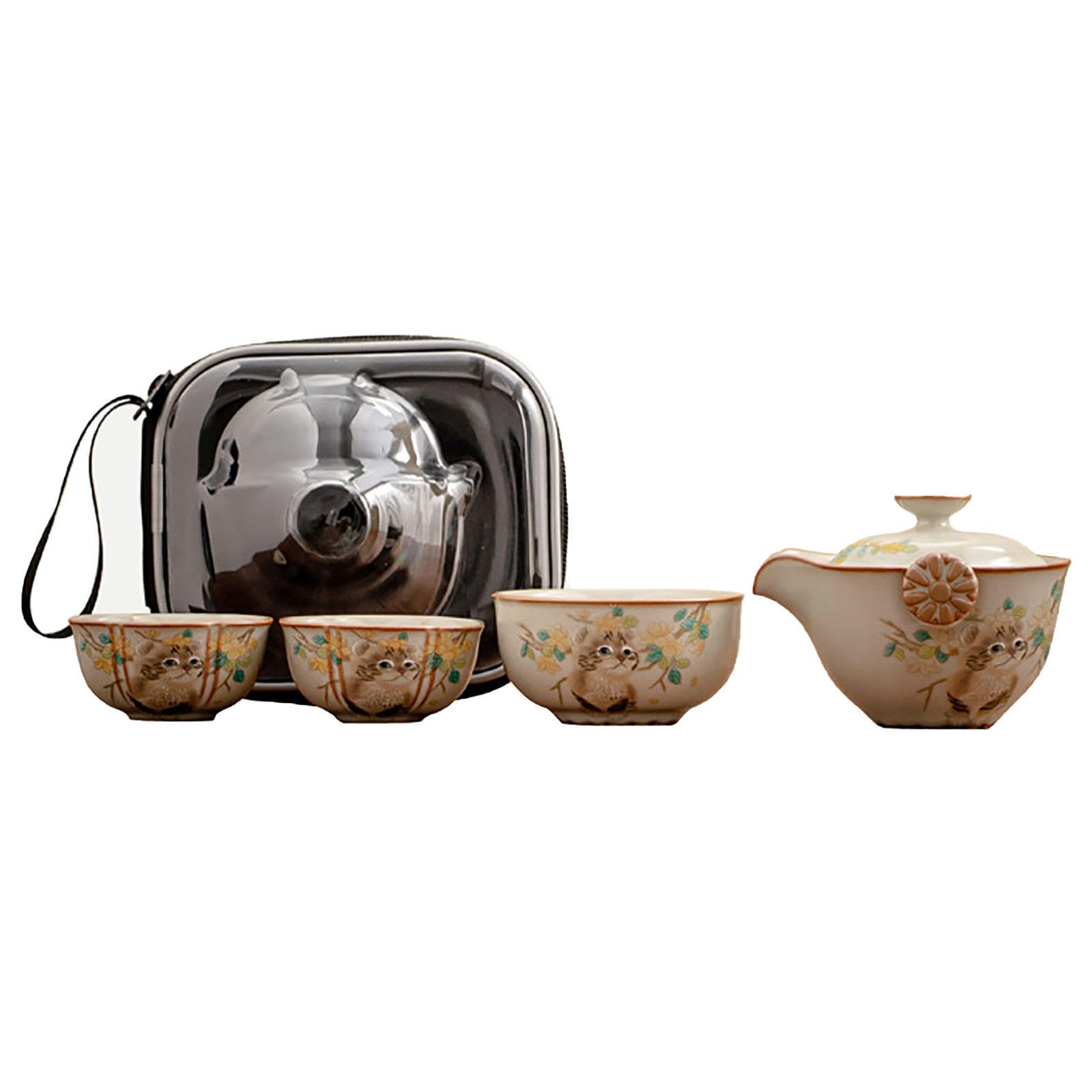 Przenośny zestaw do herbaty dla kota, porcelanowy czajniczek z zaparzaczem, filiżanka do herbaty z zaparzaczem i pokrywką, chiński zestaw do herbaty, zestaw do herbaty Gongfu, zawiera 3 filiżanki i 1