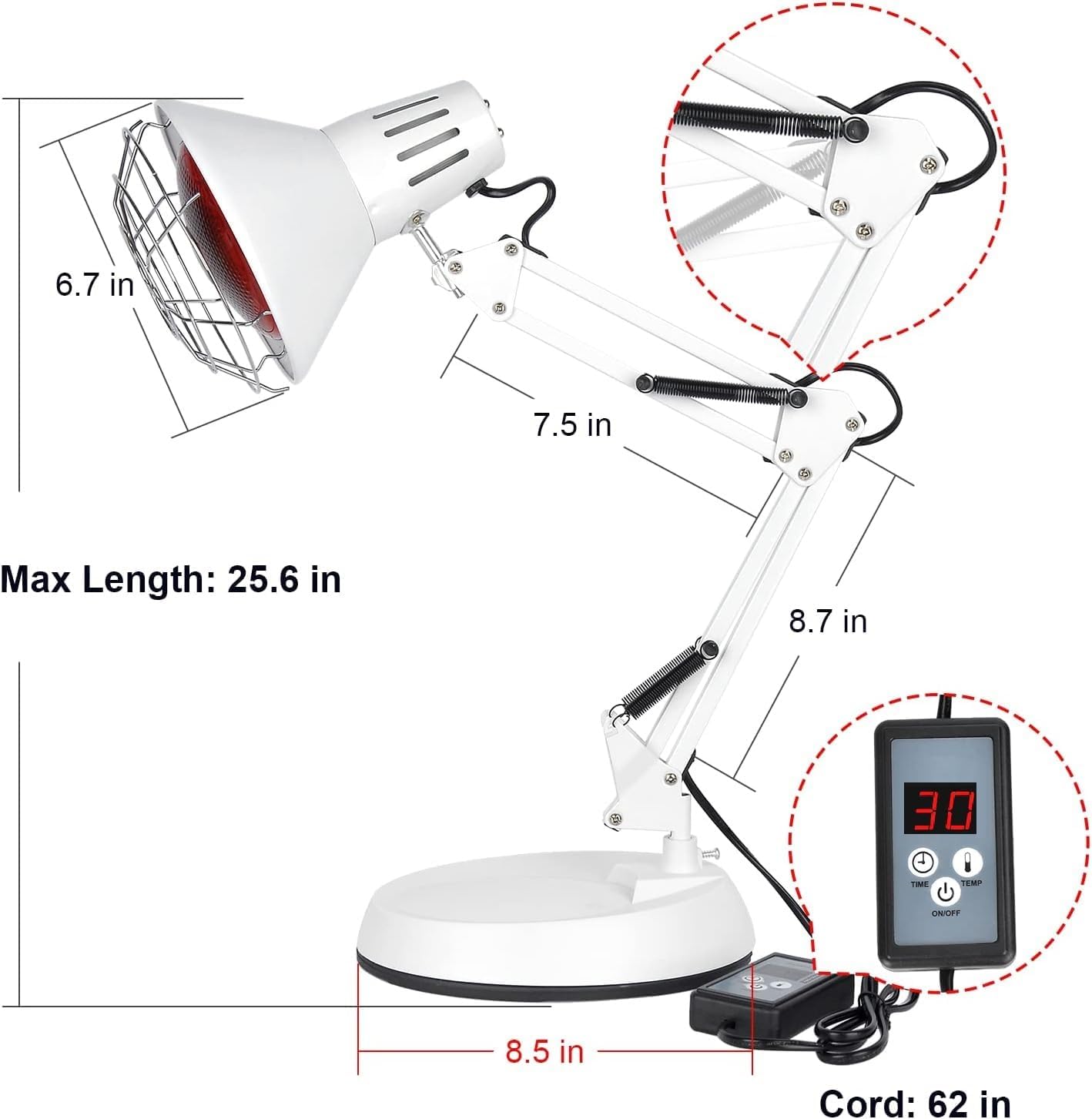 Diagram showing the dimensions of the Relassy Infrared Heat Lamp in inches, including lamp head, arm segments, base diameter, and cord length.