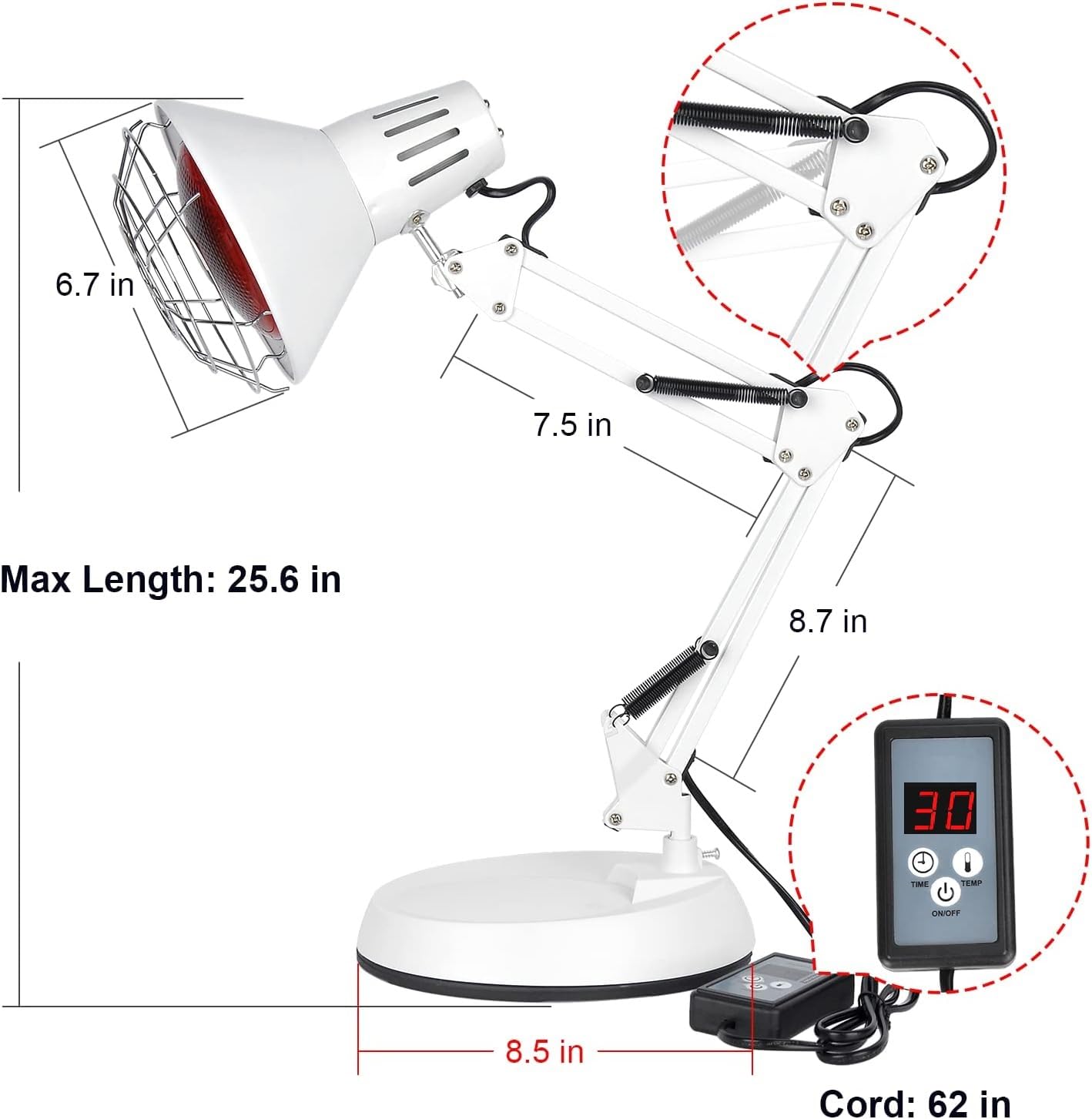 Lampada Infrarossi, 150W Lampada Riscaldante Infrarossi, 10 Livelli di Temperatura Luce Infrarossa con Timer, Infrared Lamp per Alleviare Ll Disagio Muscolare, Red Light per Saloni di Bellezza