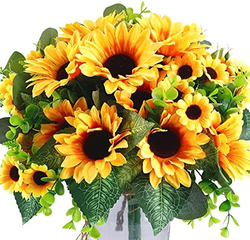 Ageomet Sunflowers Artificial Flowers Bouquet with Stems, 4 Fake Silk Faux Sunflower Arrangement for Home Wedding Kitchen Table Bridal Baby Shower Outdoor Indoor Decor