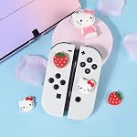 DLseego Strawberry & Cat 4PCS Thumb Grips Caps for Regular Switch / Switch Lite / Switch OLED Joy Con Joystick Soft Silicone Cute Protective Analog 3D Cartoon Button Cap -- White and Red