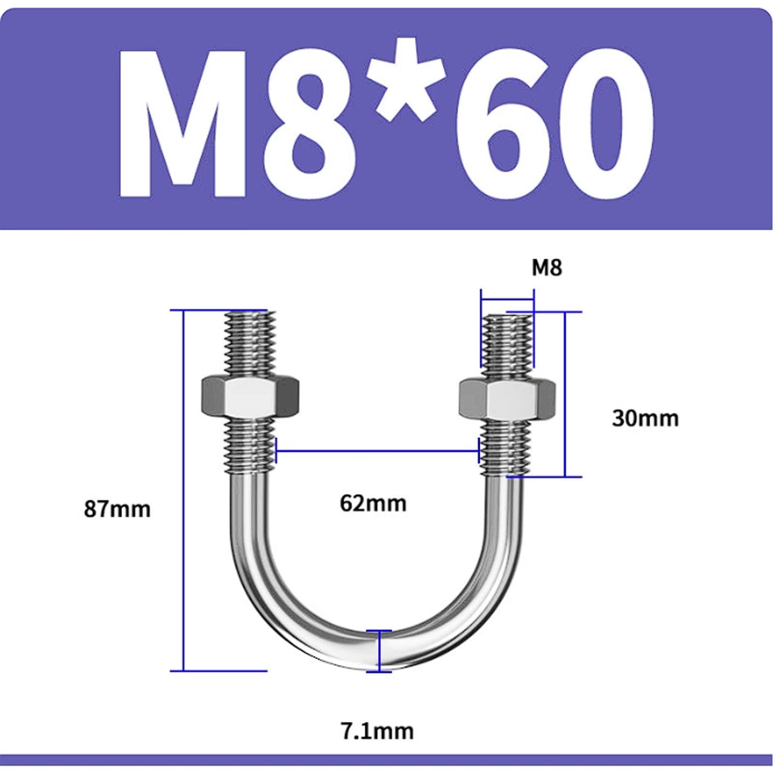 U-Bolzen aus Edelstahl 304, M8-Gewinde, 22–325 mm, mit Muttern