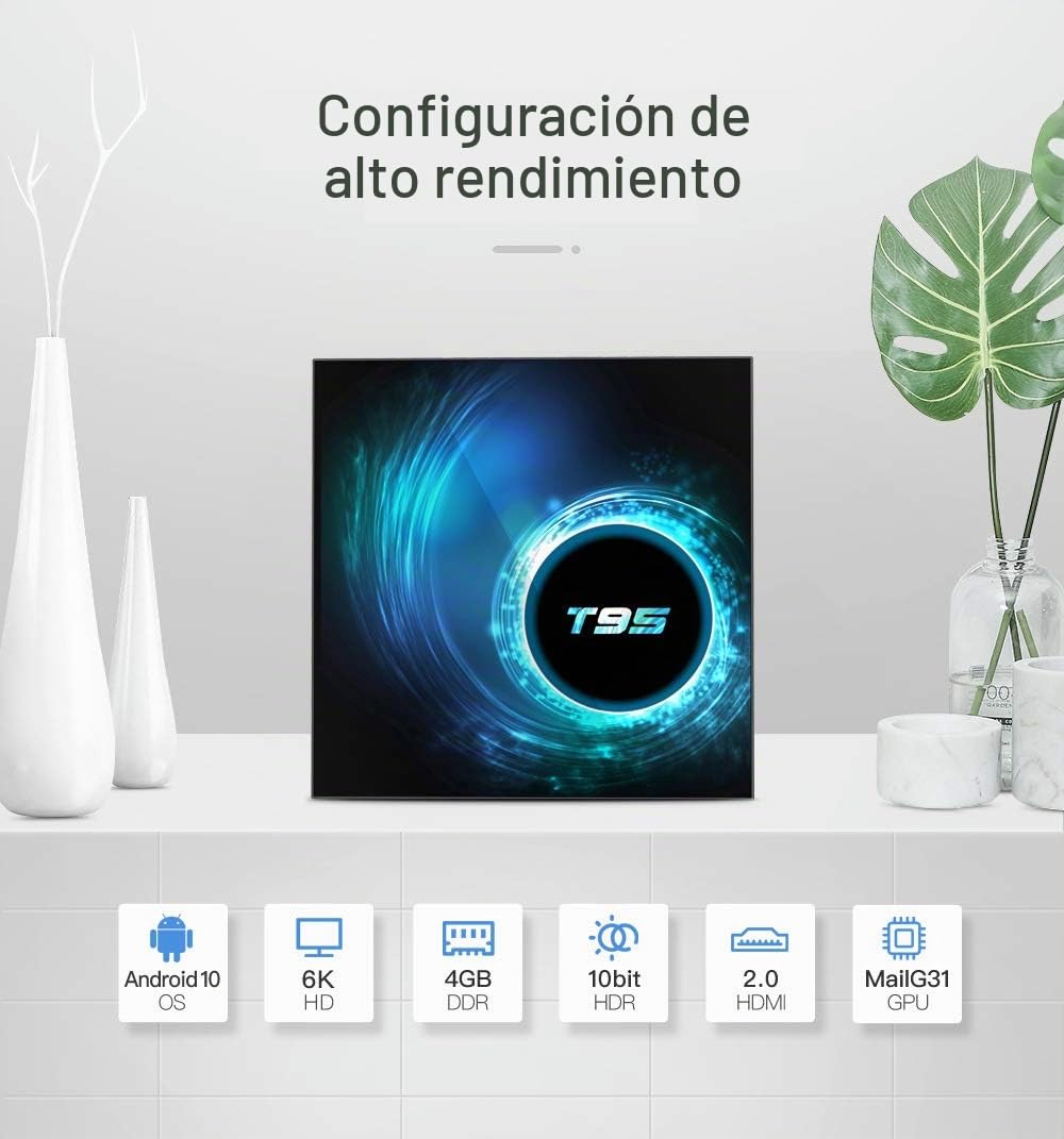 T95 Android TV Box – Allwinner H616 Quad-Core, 4GB RAM 64GB de almacenamiento, Android 10.0, 4K Media Player, WiFi de doble banda y Bluetooth, reproductor de gran capacidad