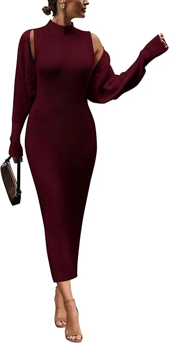 PRETTYGARDEN Women's Fall 2 Piece Outfits Knit Long Sleeve Cropped Cardigan Pullover Sweater Maxi Dress Sets Winter Clothing
