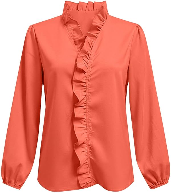 Blusa con Volantes Escote V Manga Larga para Mujer Elegante Casual Trabajo